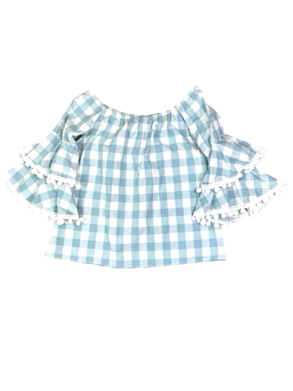 Vava by Joy Han Blue White Gingham Off Shoulder Ruffle Top Pom Pom Trim Medium